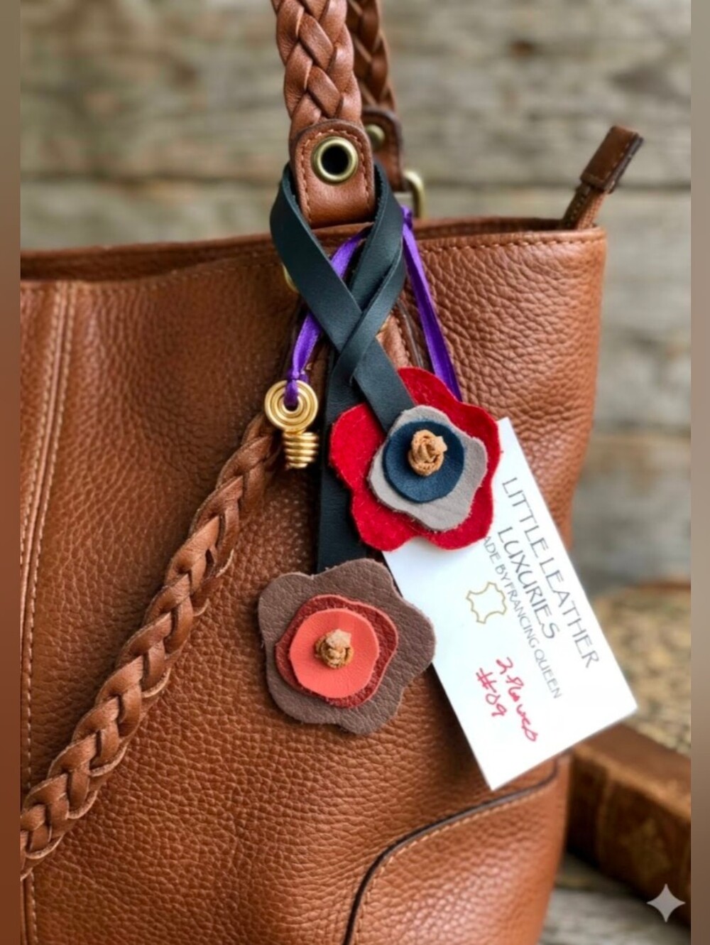 Handmade 2D Flower Genuine Leather Bag Charm Black Strap #09